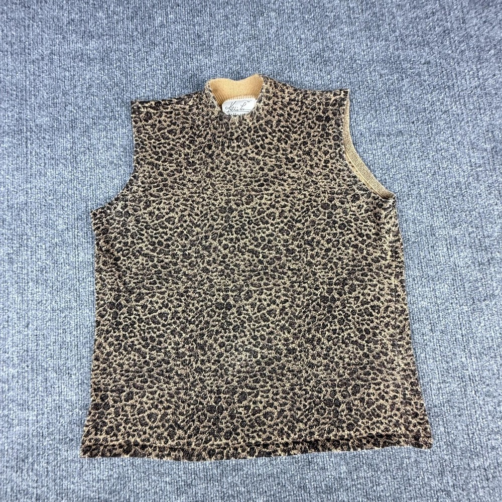 Kathie Lee Collection Sweater Vest Womens Medium Brown Leopard Mock Neck Glitter